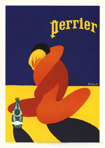 artist:Villemot "Perrier" 1976 France, 20" X 28" Poster, 28 X 39" Poster, 5" X 7" Note Card, 39" X 55" Oversize Poster.