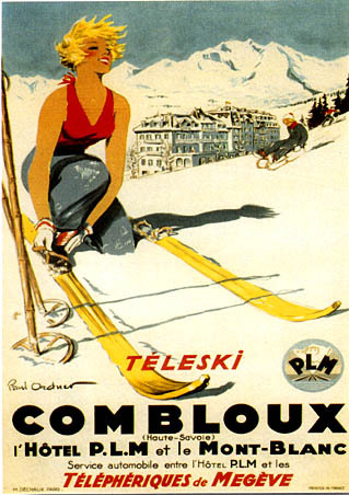 artist: Ordner "Teleski Combloux" France 1930's
20" X 28" Poster
38"  X 55" Poster
5" X 7" Note Card.
