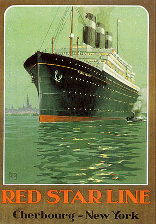 artist:Hallo "Red Star Line" 1930 France, 24" x 36" poster$30.00, 9" X 12" small poster $6.00.