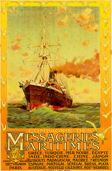 artist:unknown "Messageries Maritimes" 1890's France,28" X 39" poster $30.00, 20" X 28" poster$20.00.