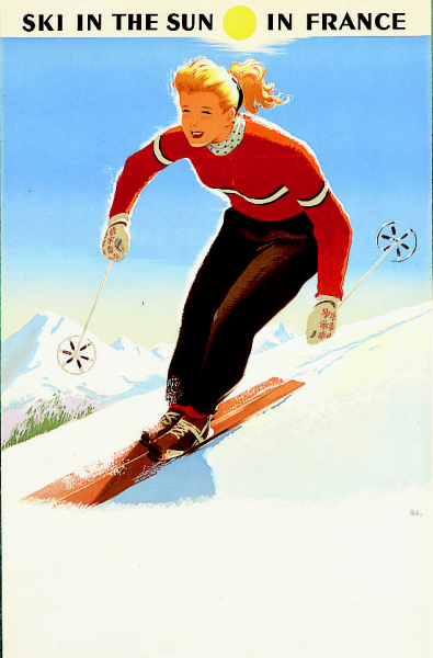 artist:Abel "Ski in the Sun in France" 1950 France
20" X 28" Poster; 
28" X 39" Poster;
9" X 12" Small Poster;
5" X 7" Note Card.