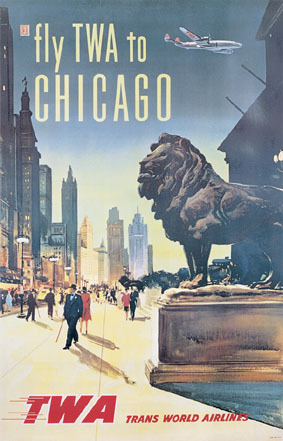 artist:unknown "Fly TWA to Chicago" 1950's U.S.A.
28" X 39" Poster $30.00
