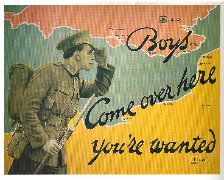 artist:Allen "Boys Come Over Here" 1915 U.K. WWI Poster, 6" X 8" Mini Print.