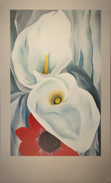 artist:O'Keeffe "Calla Lilies with Red Anemone" 1928 U.S.A., 26" X 36" Poster.